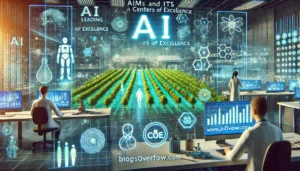 Futuristic AI-driven research in agriculture and healthcare led by AIIMS and IITs, featuring AI-powered data analysis and holographic interfaces
