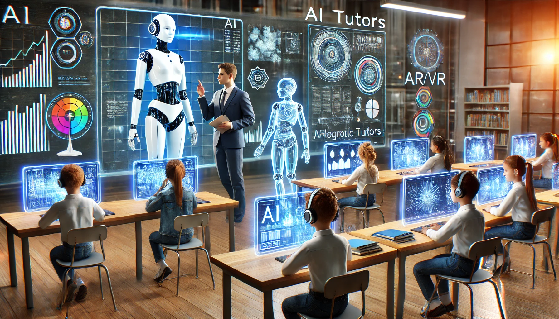 Futuristic AI-powered classroom with students using smart learning assistants